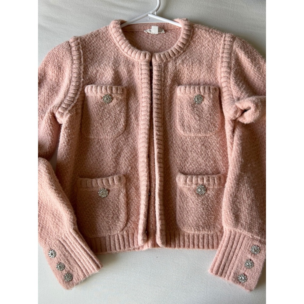 A Loves A Girls Pink Textured Knit Cardigan Jacket Rhinestone Flower Buttons L